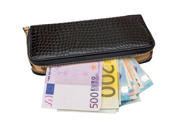 woman purse with euro money,  isolated on white. Place for text.