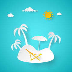 Fototapeta na wymiar Summer Vacation. Tropical Island with Palm Tree. Cut Paper Vector Illustration