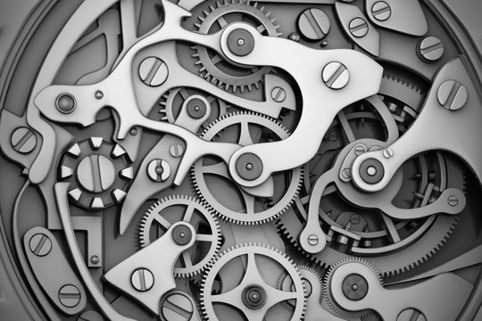 Watch machinery with gears grayscale