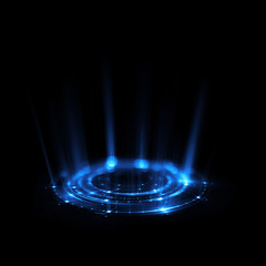 Empty podium. Disco club. Rays view. Show magic party. Spot fog lamp. Glint check scene. Bright space. Stand round. Vivid stage. Whirlpool spiral backdrop. Exhibition platform. Glare bright tape.