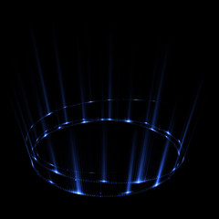 Empty podium. Disco club. Rays view. Show magic party. Spot fog lamp. Glint check scene. Bright space. Stand round. Vivid stage. Whirlpool spiral backdrop. Exhibition platform. Glare bright tape.