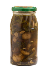 Jar with pickled mushrooms on white isolated background