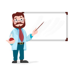 Senior science teacher, scientist professor standing in front of blackboard teaching student in classroom at school, college or university.