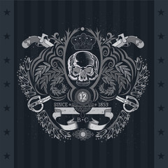 Skull front view without a lower jaw between wings, ribbon with cross arrows. Vintage label isolated on blackboard