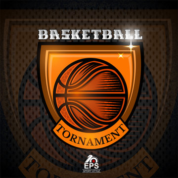 Basketball ball in center of shield. Sport logo for any team