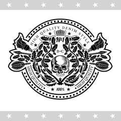 Fototapeta premium Skull front view in center oak wreath with cross arrows and torches . Heraldic vintage label on white