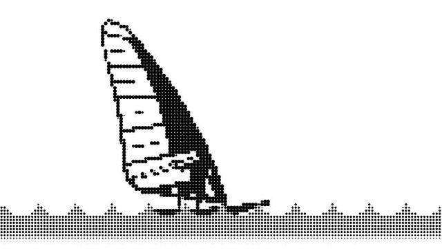 Silhouette of a surfer on the waves. The image is composed of pixels. Black sail to a white background.