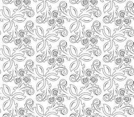 Floral ornament with black outlines. Seamless abstract classic pattern with flowers