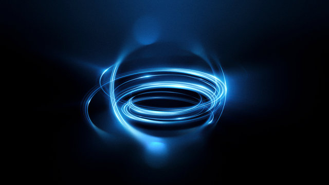 Abstract Ring Background With Luminous Swirling Backdrop. Light Circles Light Effect. Glowing Cover. Image Of Color Atoms And Electrons. Physics Concept. Nanotechnology Flow Sparks.