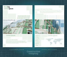 Two sided brochure or flayer template design with exterior building blurred photo elements. Mock-up cover in green vector modern style