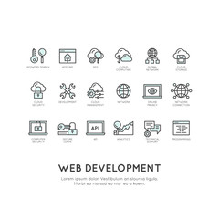 Vector Icon Style Illustration of Web Development, Programming, Network Service, Security, Online Application, Cloud Computing, Isolated Minimalistic Objects