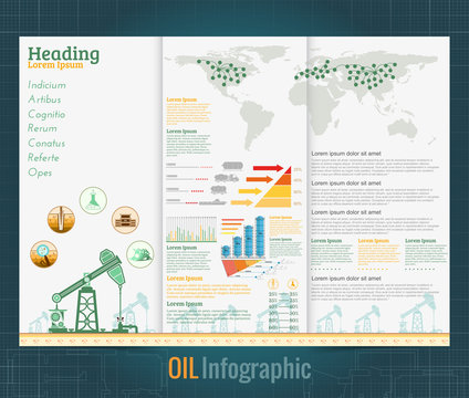 Business flat three fold design template with flat gas rig or oil derrik and information. Vector modern style