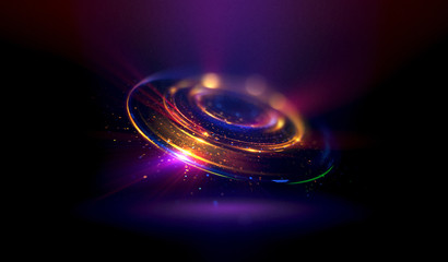 Glow effect. Glint galaxy. Abstract rotational universe. Power energy. Glare tape. Luminous ring. Neon lights cosmic abstract frame. Magic design round frame. Swirl trail effect. Elegant style. © rybindmitriy