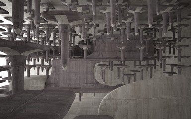 Abstract brown concrete interior  with orange glossy lines. 3D illustration and rendering.