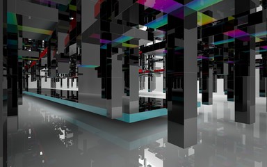 Abstract brown concrete interior  with orange glossy lines. 3D illustration and rendering.