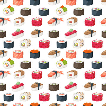 Sushi and rolls seamless pattern vector.