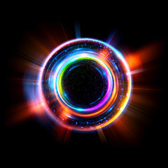Abstract neon background. luminous swirling. Glowing spiral cover. Black elegant. Halo around. Power isolated. Sparks particle. Space tunnel. Glossy jellyfish. LED color ellipse. Glint glitter