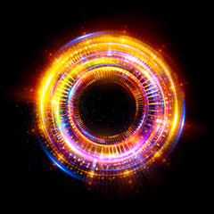 Abstract neon background. luminous swirling. Glowing spiral cover. Black elegant. Halo around. Power isolated. Sparks particle. Space tunnel. Glossy jellyfish. LED color ellipse. Glint glitter