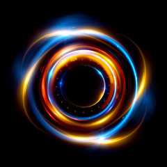 Abstract neon background. luminous swirling. Glowing spiral cover. Black elegant. Halo around. Power isolated. Sparks particle. Space tunnel. Glossy jellyfish. LED color ellipse. Glint glitter