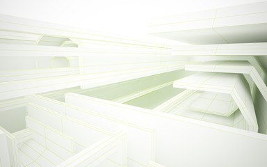 Abstract white interior highlights future. Polygon green drawing. Architectural background. 3D illustration and rendering
