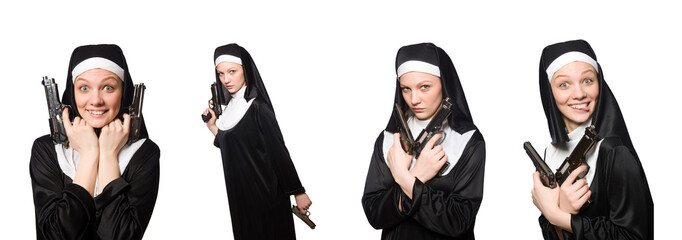 Nun with gun isolated on white