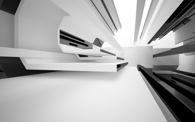Abstract white interior with glossy black geometric shapes. Architectural background. 3D illustration and rendering
