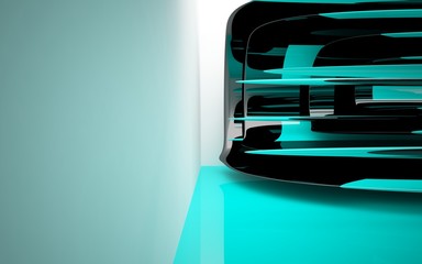 Abstract structural interior with black smoth objects and blue lines . 3D illustration and rendering