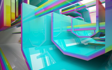 Abstract dynamic interior with gradient colored objects. 3D illustration and rendering