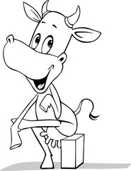 cute Cow sitting leg over - vector black and white outline illustration