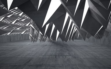 Empty dark abstract concrete room interior. Architectural background consisting of a pyramids. Night view of the illuminated. 3D illustration. 3D rendering