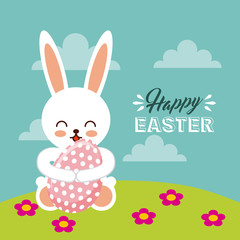 happy easter card with bunny icon over blue background. colorful design. vector illustration