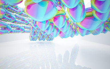 Abstract interior in gradient colored smooth glossy array of sculptures in the form of eggs.  3D illustration and rendering 