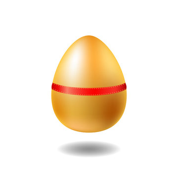 Golden egg with red ribbon and shadow. Chicken egg vector illustration on white background.