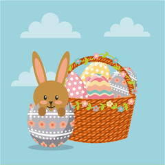 happy easter card with bunny icon over blue background. colorful design. vector illustration