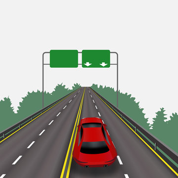 High-speed highway in perspective. Red car. Isolated on white background. Information signs. Abstract landscape. illustration