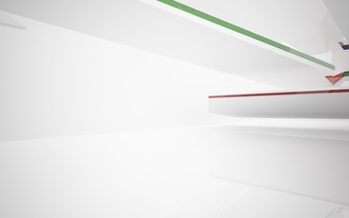 Abstract white interior with colored glossy lines. 3D illustration and rendering