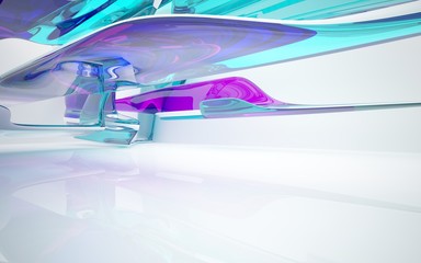 Abstract dynamic interior with colored glass smoth  objects. 3D illustration and rendering