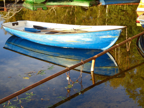 The anchored boat at the shore of the lake