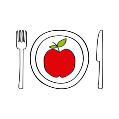 fork, knife and plate with apple over white background. colorful design. vector illustration