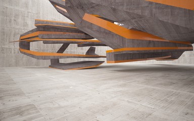 Empty dark abstract brown concrete room interior with orange lines. Architectural background. 3D illustration and rendering