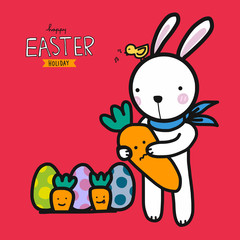 Happy Easter holiday white rabbit holding carrot cartoon vector illustration