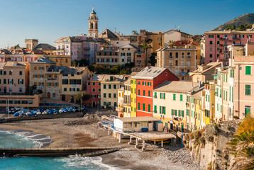 Fototapeta na wymiar Typical colored houses in the seafront of Bogliasco, near Genoa