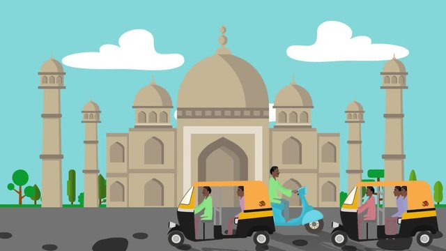 The Taj Mahal with Rickshaws Passing by in Cartoon Style