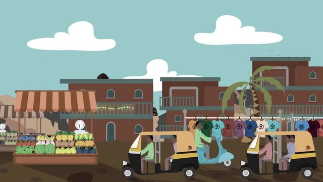 Busy Indian Market with Rickshaws and Scooters Passing by in Cartoon Style