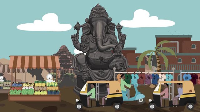 Ganesha Statue in a Busy Indian Market with Rickshaws Passing by Cartoon Style