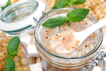 White currant jam in a jar. Homemade fruit jam