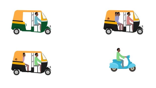 Traditional Indian Rickshaws and Scooter in Loop in Alpha Channel