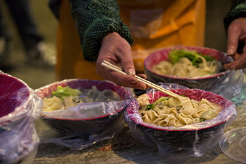 Ramen noodle soup Chinese street food at night