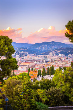 Sunset aerial view of Nice, Cote d'Azur, French Riviera, France