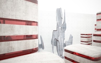 Empty dark abstract glass red and concrete smooth interior. Architectural background. 3D illustration and rendering